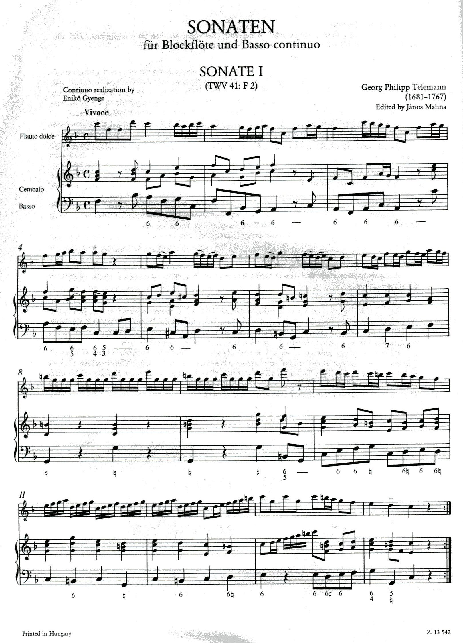 Sonatas for Alto recorder and Basso continuo