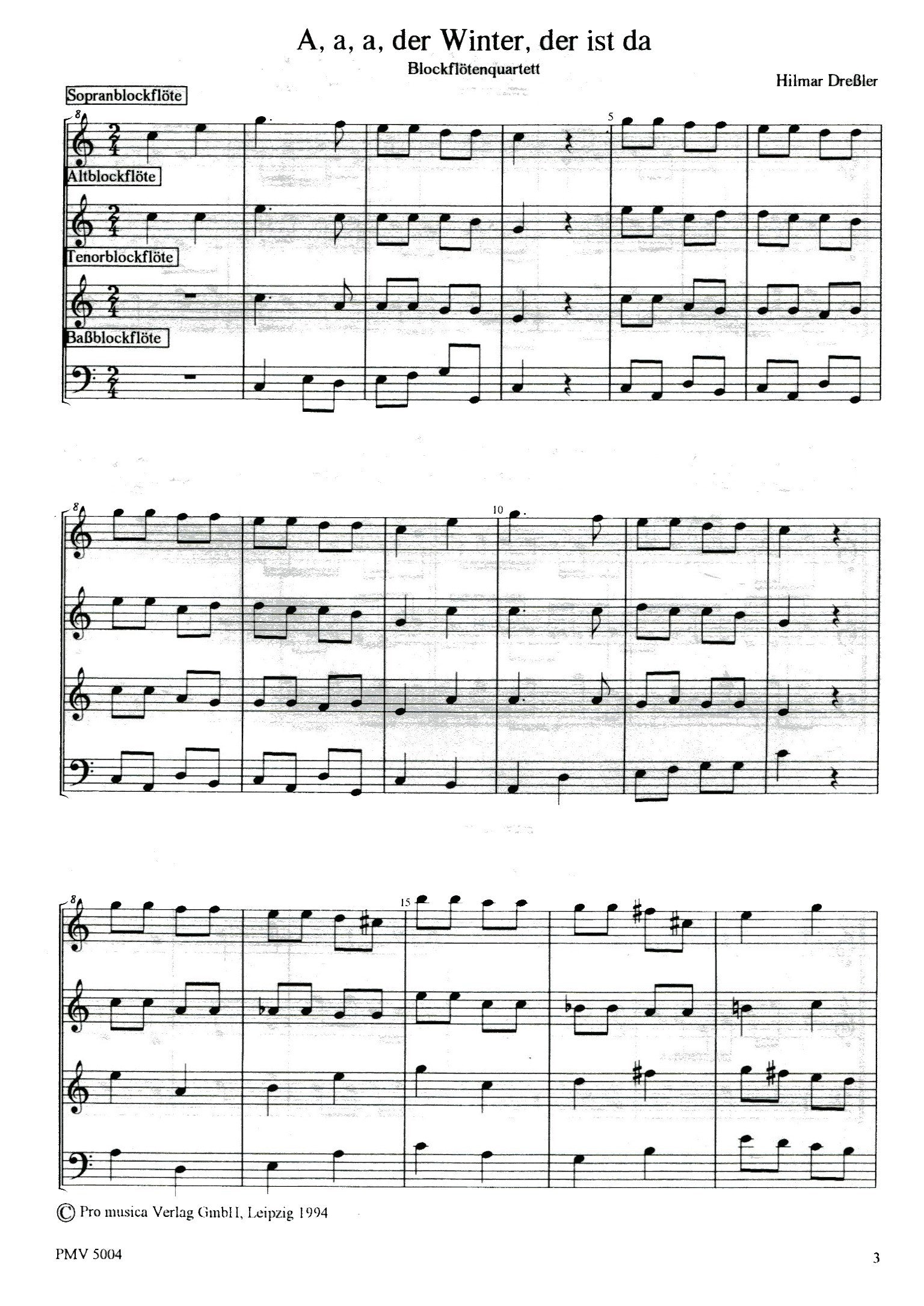 3 Wintery  Songs for Recorder Quartet