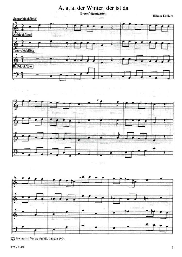 3 Wintery  Songs for Recorder Quartet