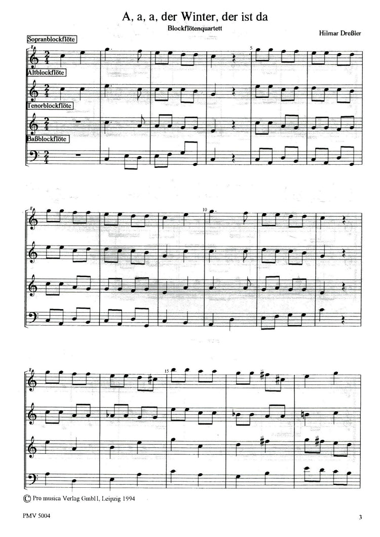 3 Wintery  Songs for Recorder Quartet