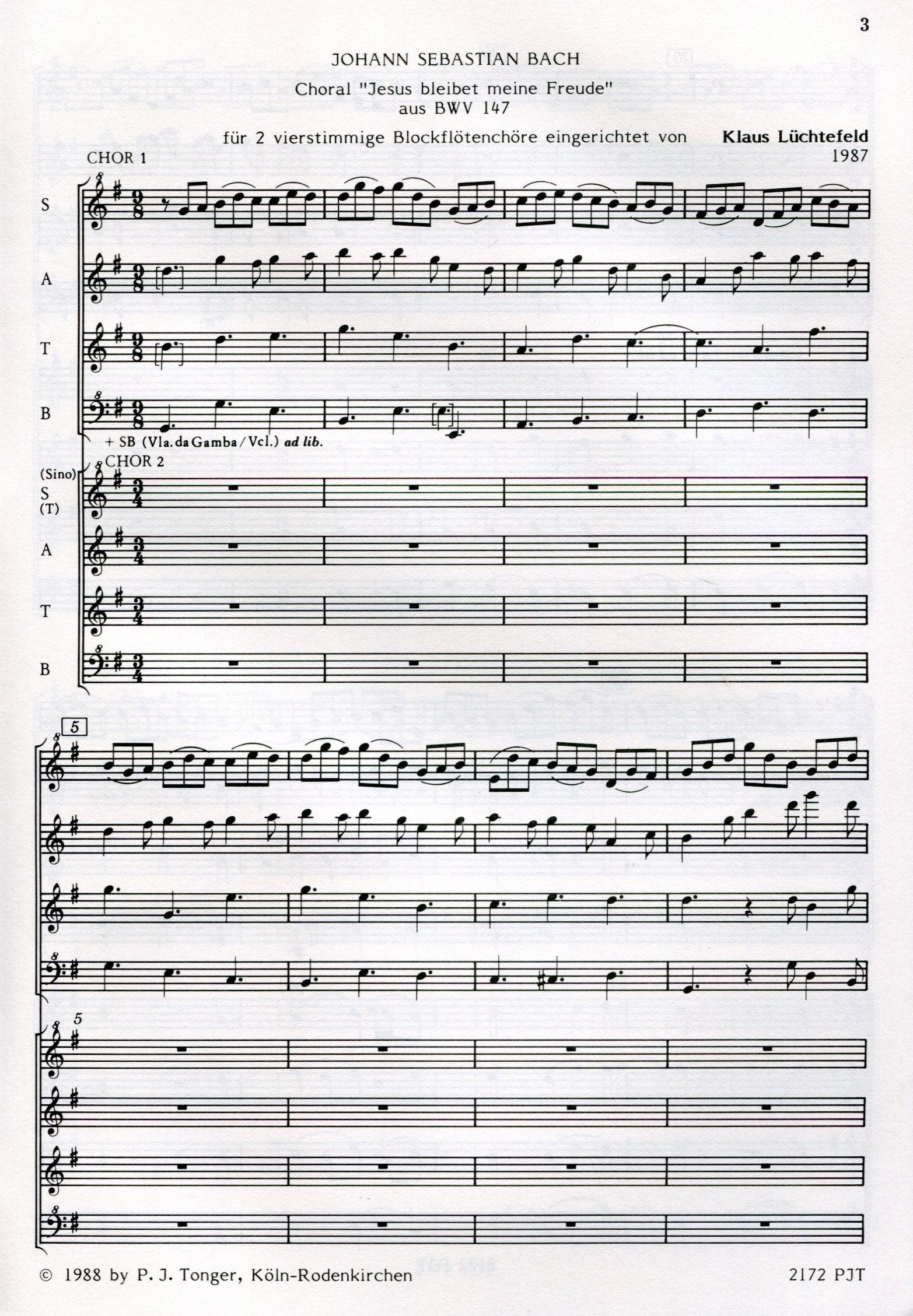 Two Bach Cantata Extracts for Recorder Choir