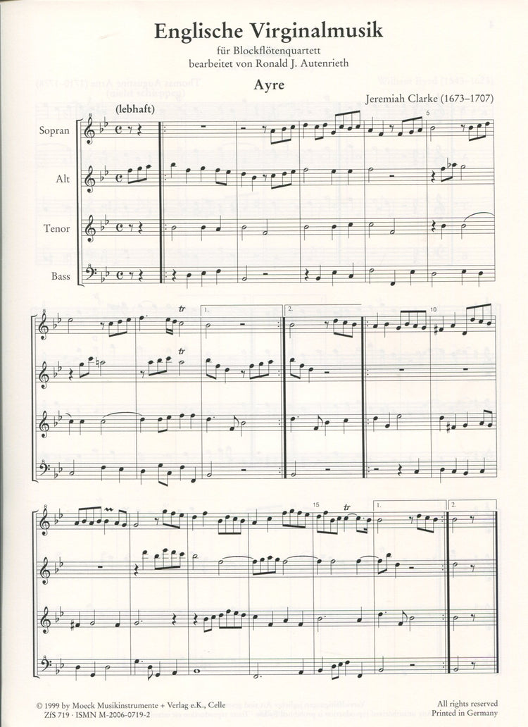 English Virginal Music - for Recorder Quartet