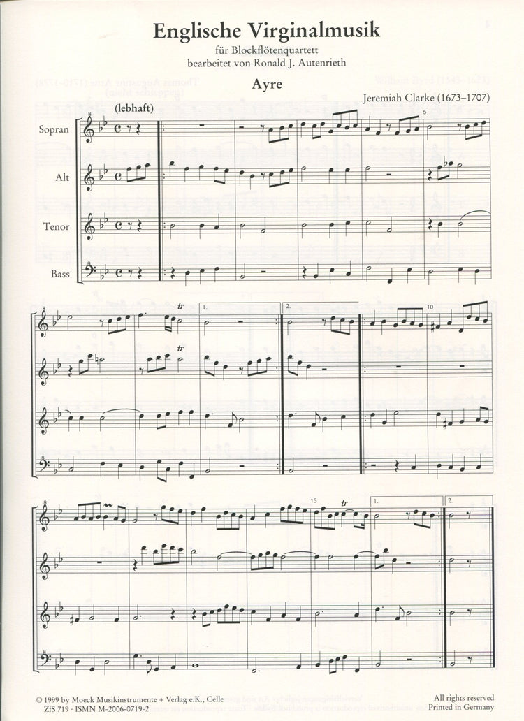 English Virginal Music - for Recorder Quartet