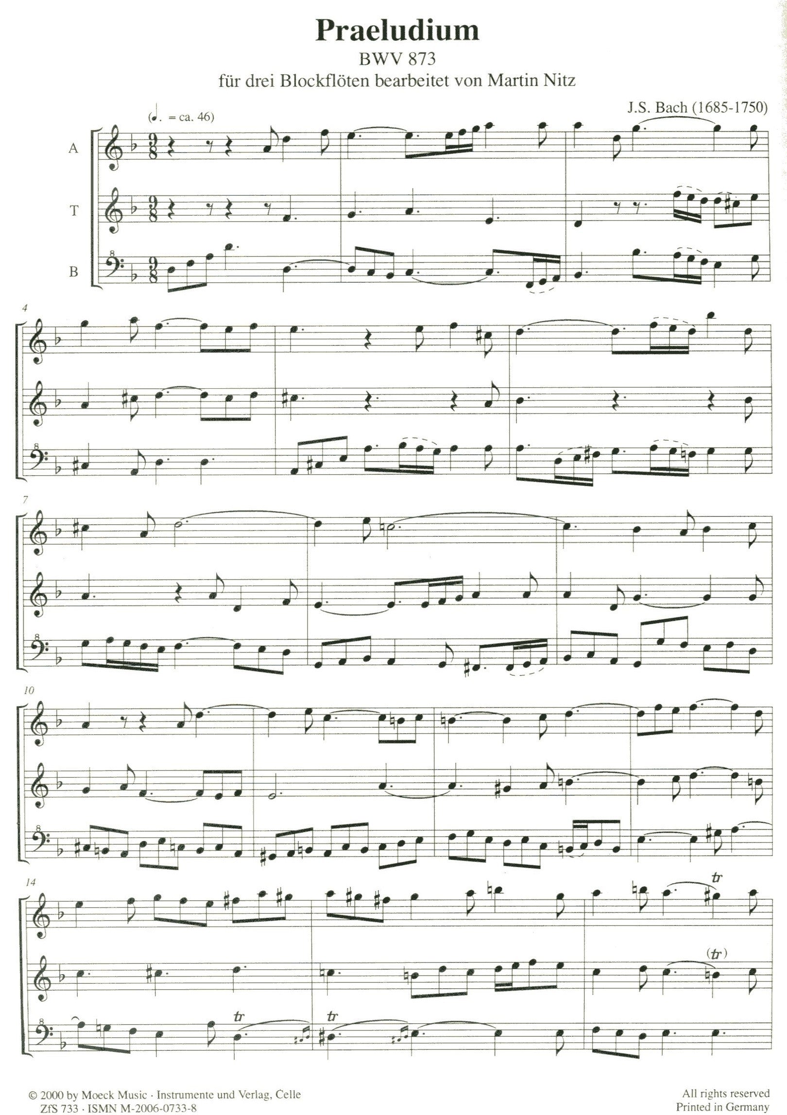 Prelude from BWV873 for Three Recorders