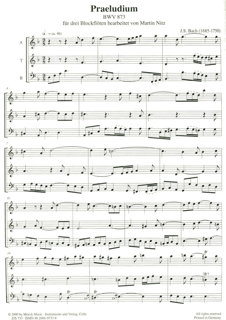 Prelude from BWV873 for Three Recorders