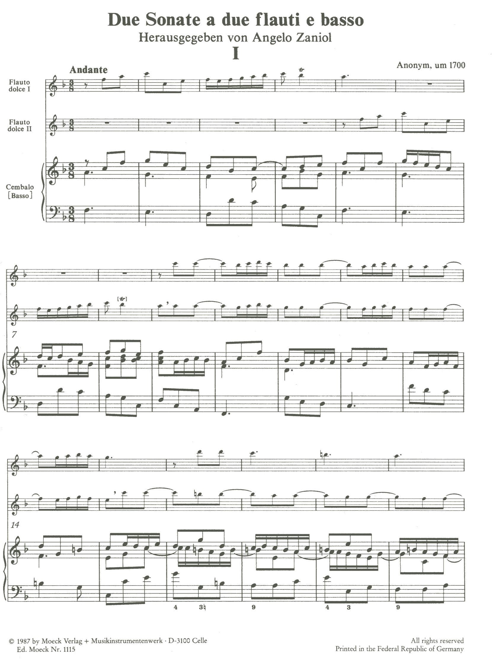 Two Sonatas for 2 Altos recorders and Basso Continuo