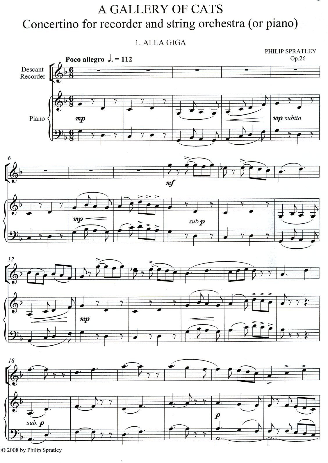 A Gallery of Cats, Concertino for Recorder & String Orchestra (or piano)
