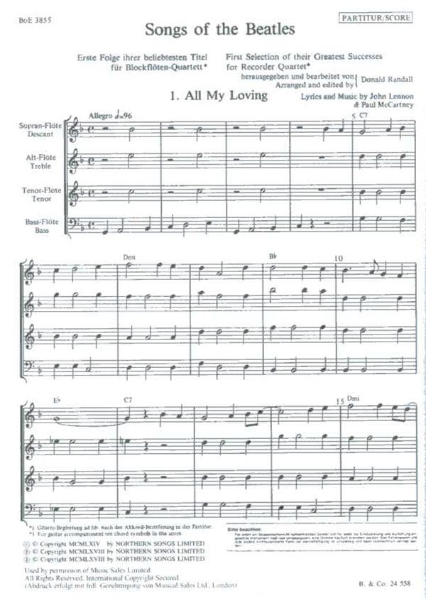 Songs of the Beatles for Rcorder Quartet - Book 1