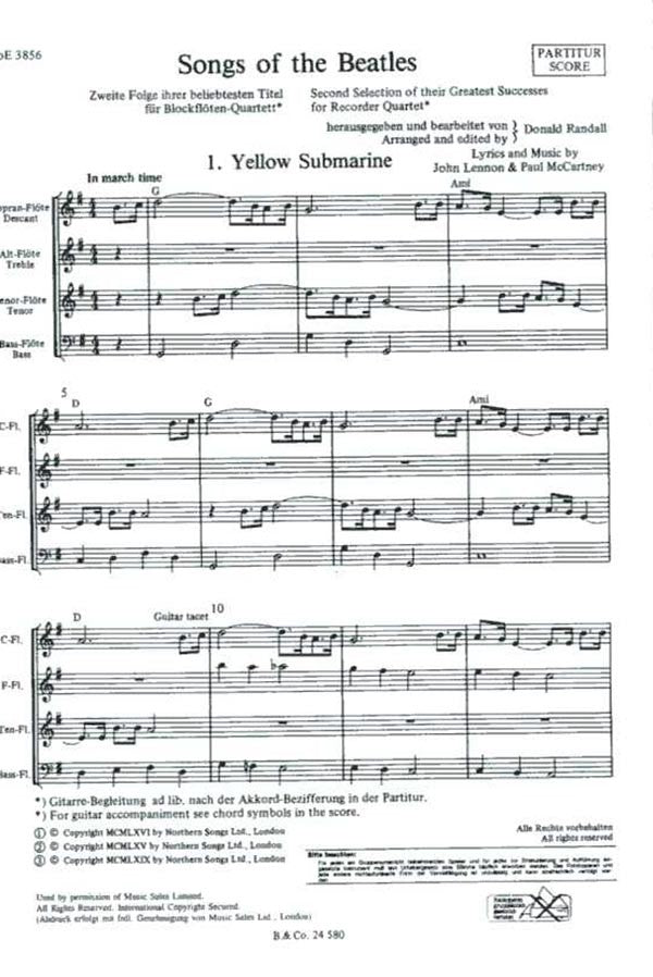 Songs of the Beatles for Rcorder Quartet - Book 2