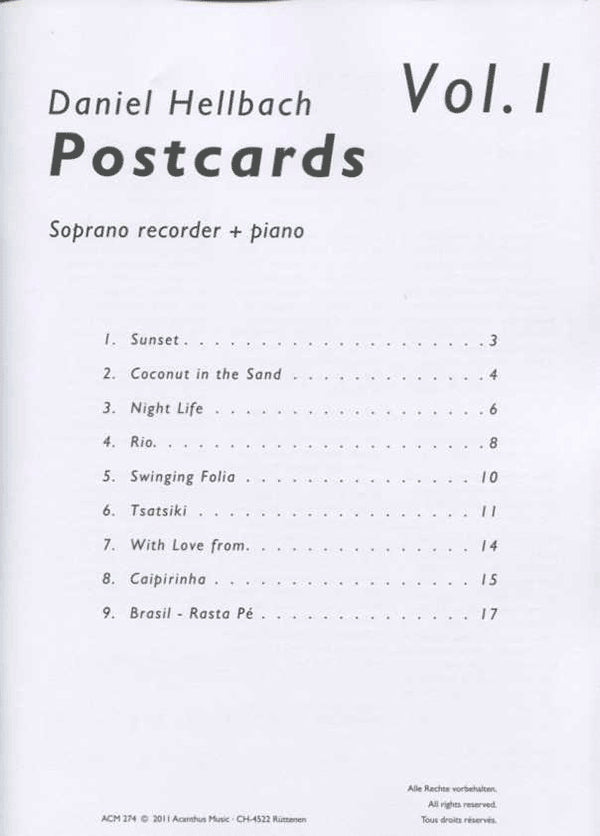 Postcards Vol 1 for Soprano Recorder and Piano