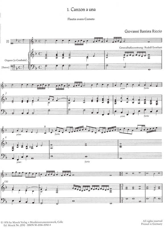 Canzone 1 to 3 in one and two parts With Basso Continuo Riccio