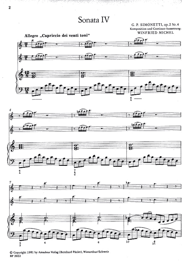 Six Sonatas for Two Treble Recorders and Basso Continuo Opus 2