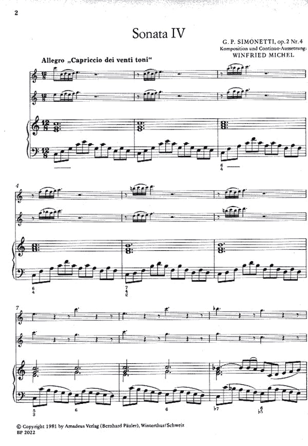 Six Sonatas for Two Treble Recorders and Basso Continuo Opus 2