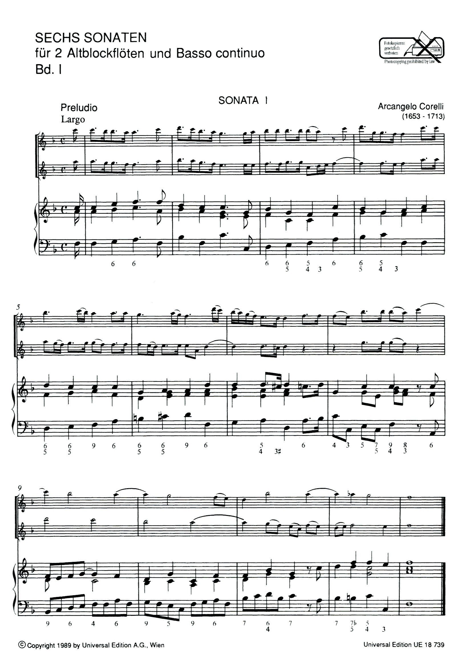 Six Sonatas for Two Treble Recorders and Basso Continuo  Vol 1 (No 1-3)