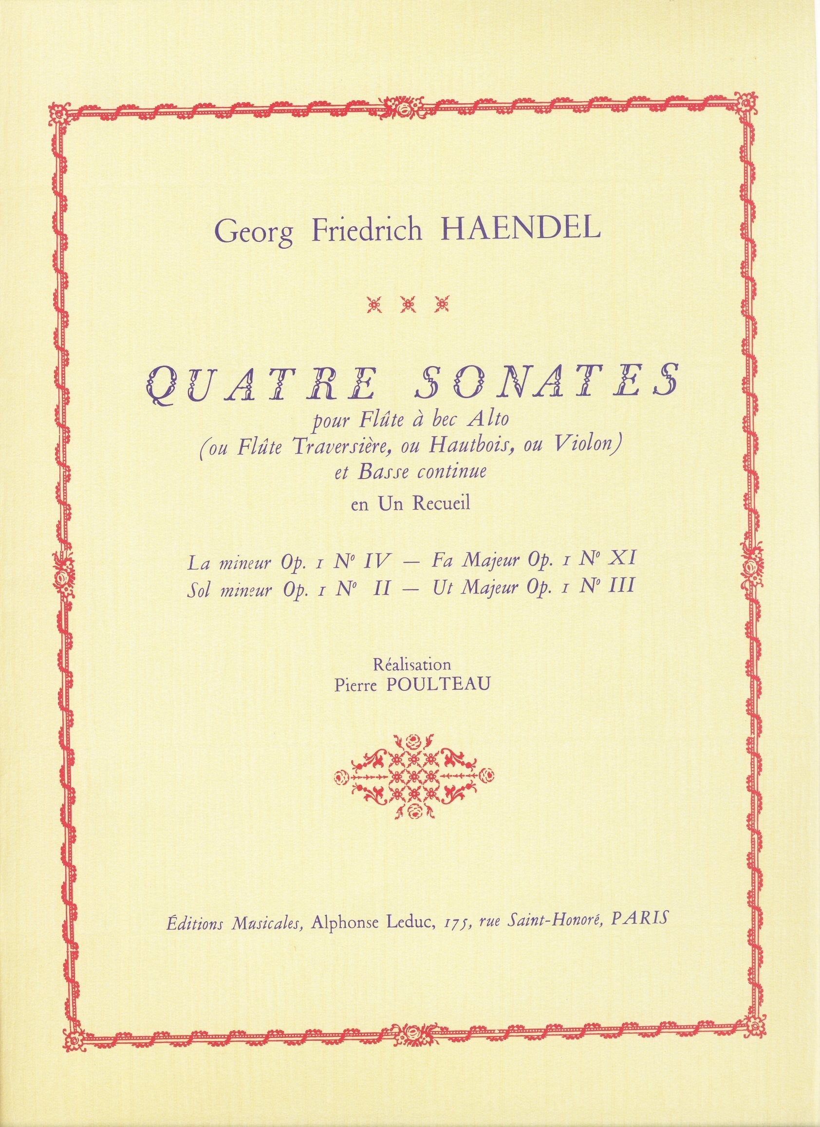 Quatre Sonates pour Flute a bec Alto  Op 1 Nos II, III, IV & XI