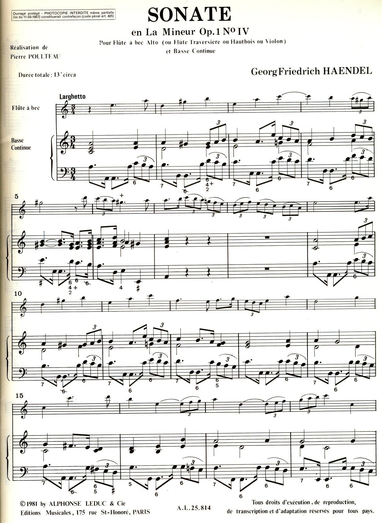 Quatre Sonates pour Flute a bec Alto  Op 1 Nos II, III, IV & XI