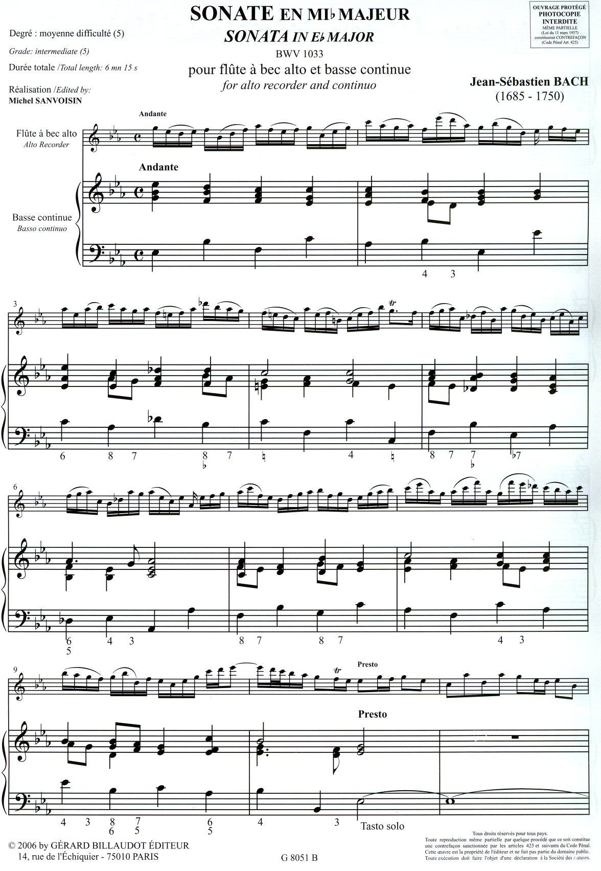 Sonata in E flat Major BWV 1033