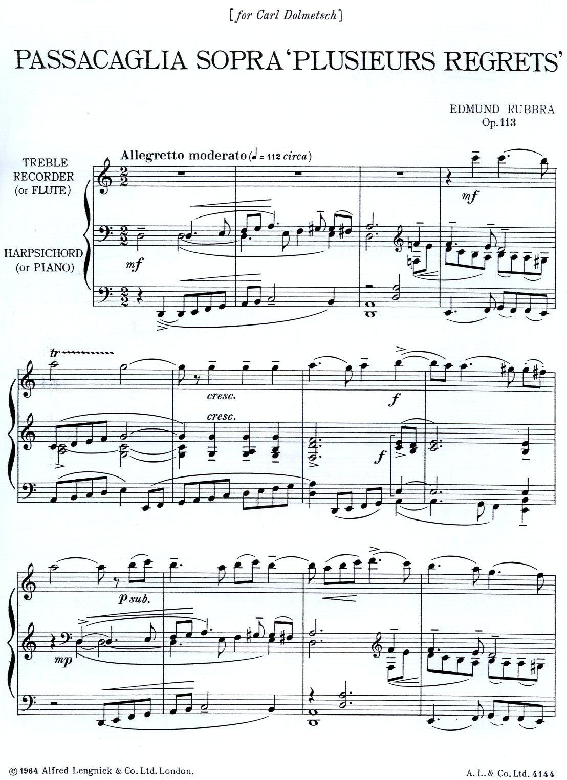 Passacaglia Sopra Plusieurs Regrets Op 113