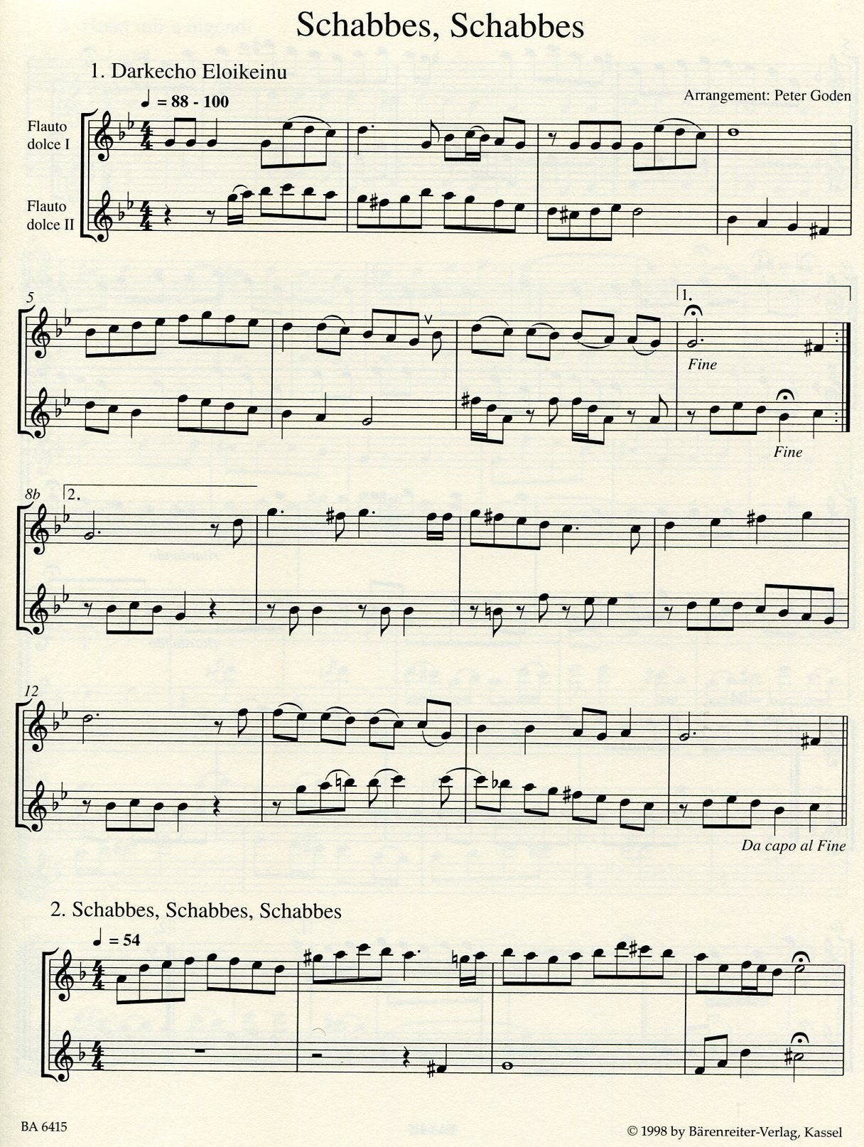 Schabbes, Schabbes: Yiddish Songs for 2 Treble Recorders