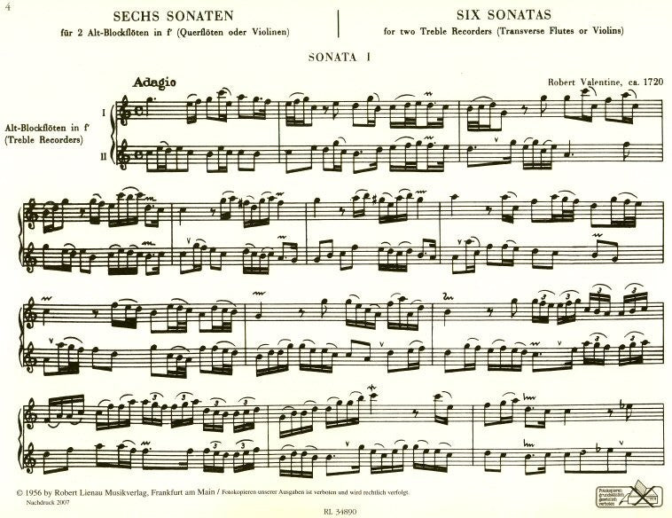 6 Sonatas for two Treble Recorders or Transverse Flutes