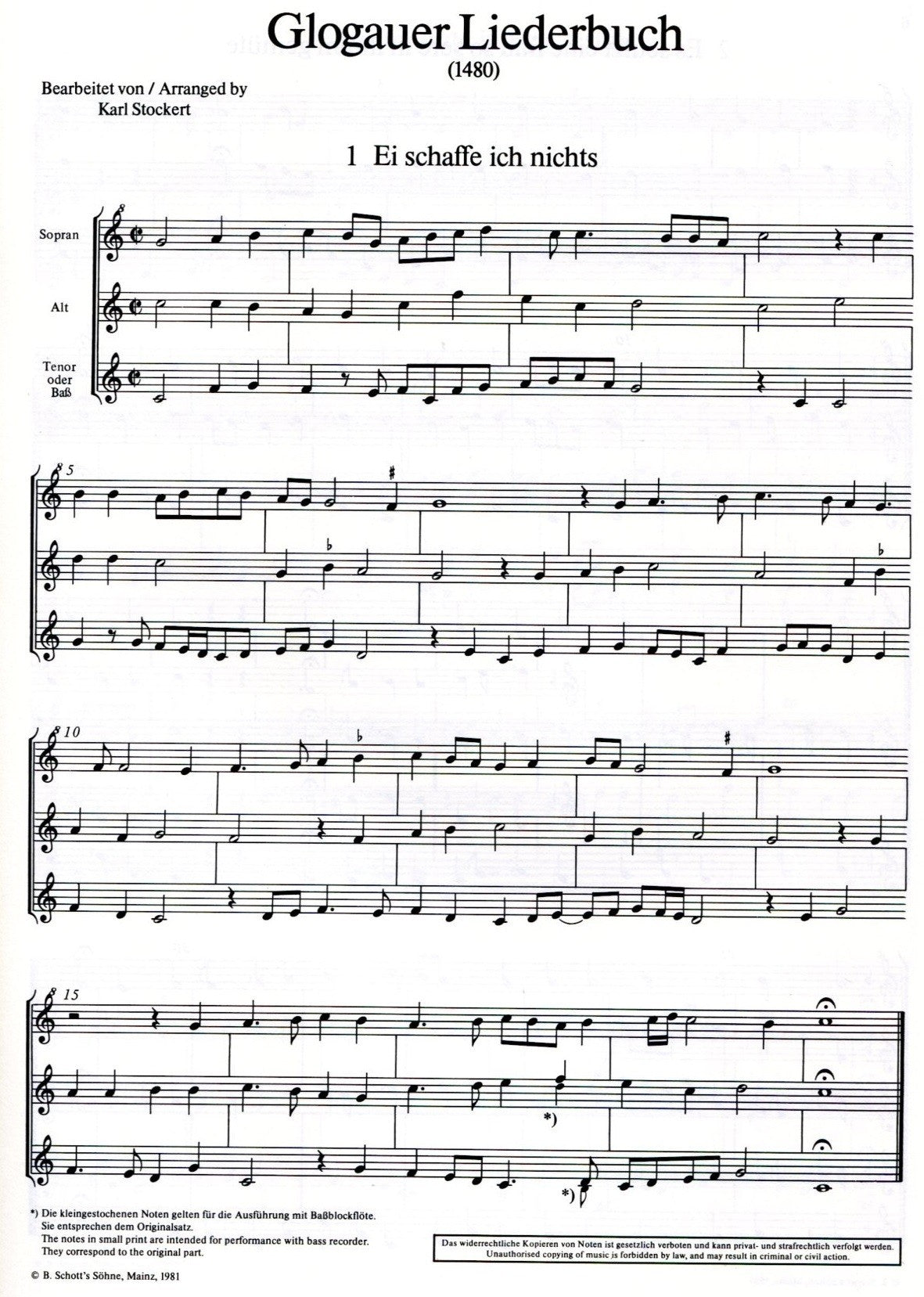 Pieces in 3 parts for recorders - Glogauer Liederbuch