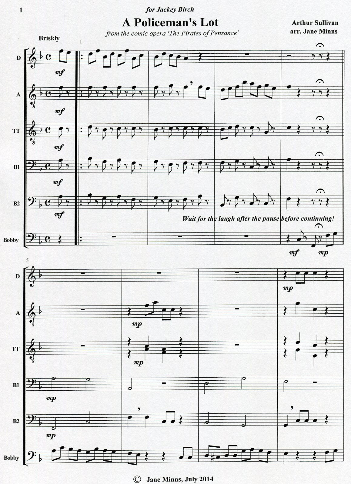 A Policeman's Lot, from "The Pirates of Penzance" for 6 Recorders and Solo Bass Instrument