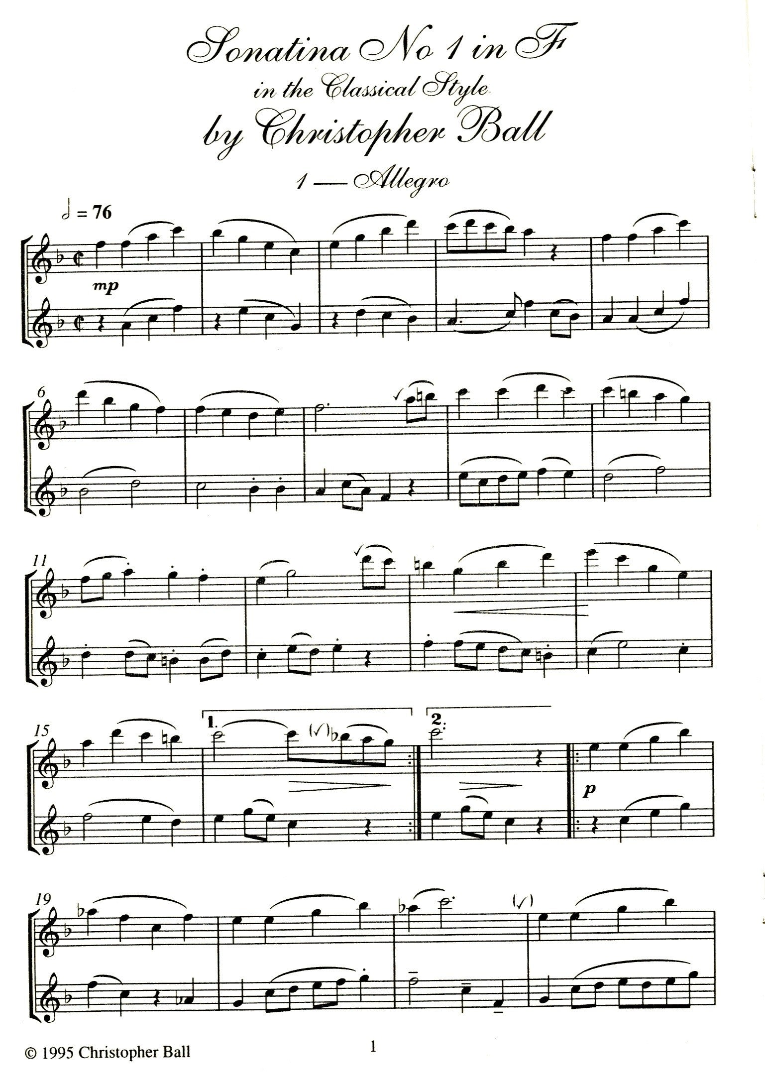 Sonata No 1 in F Major from 9 Sonatinas in the Classical Style