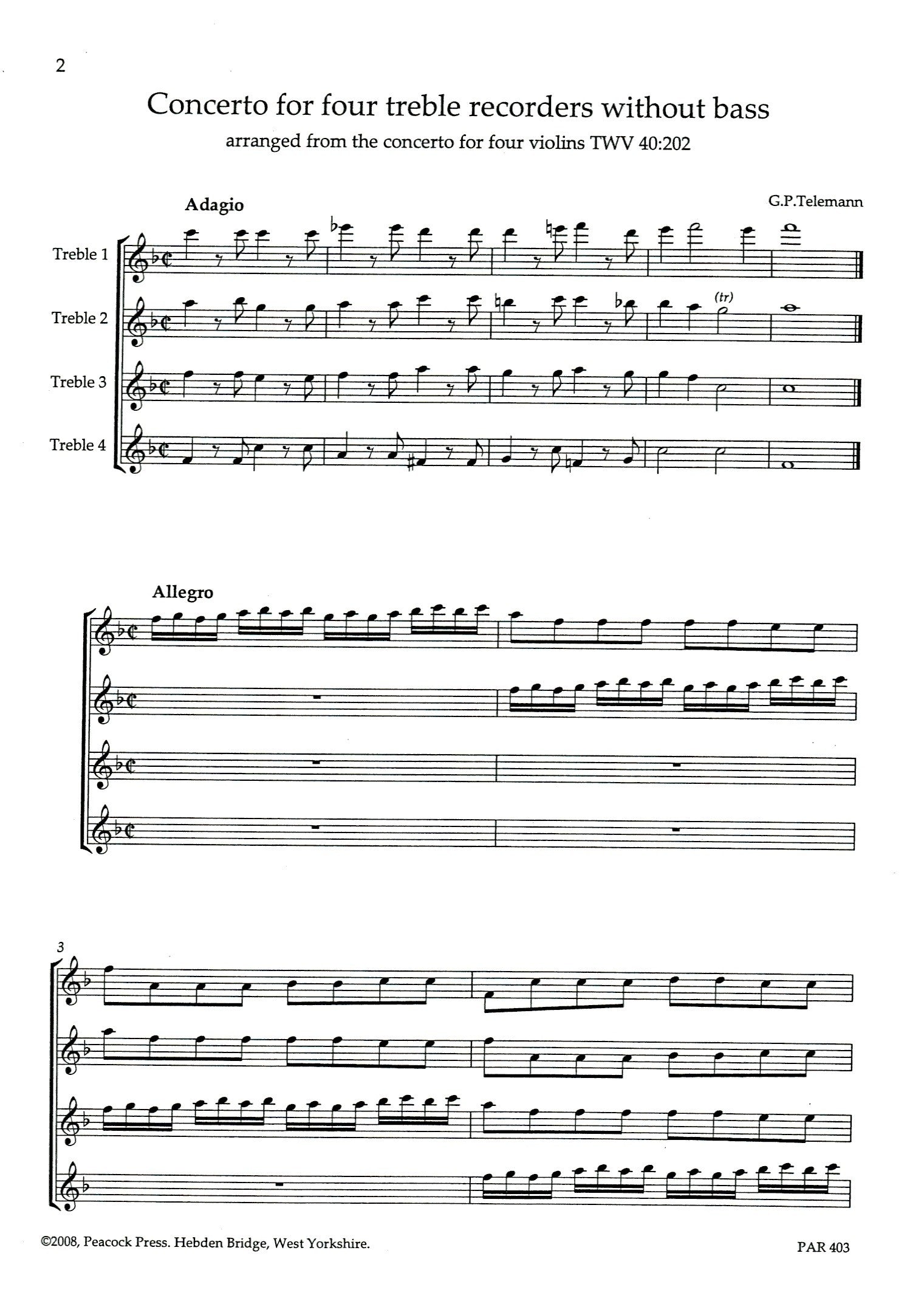 Concerto for Four Treble Recorders without bass