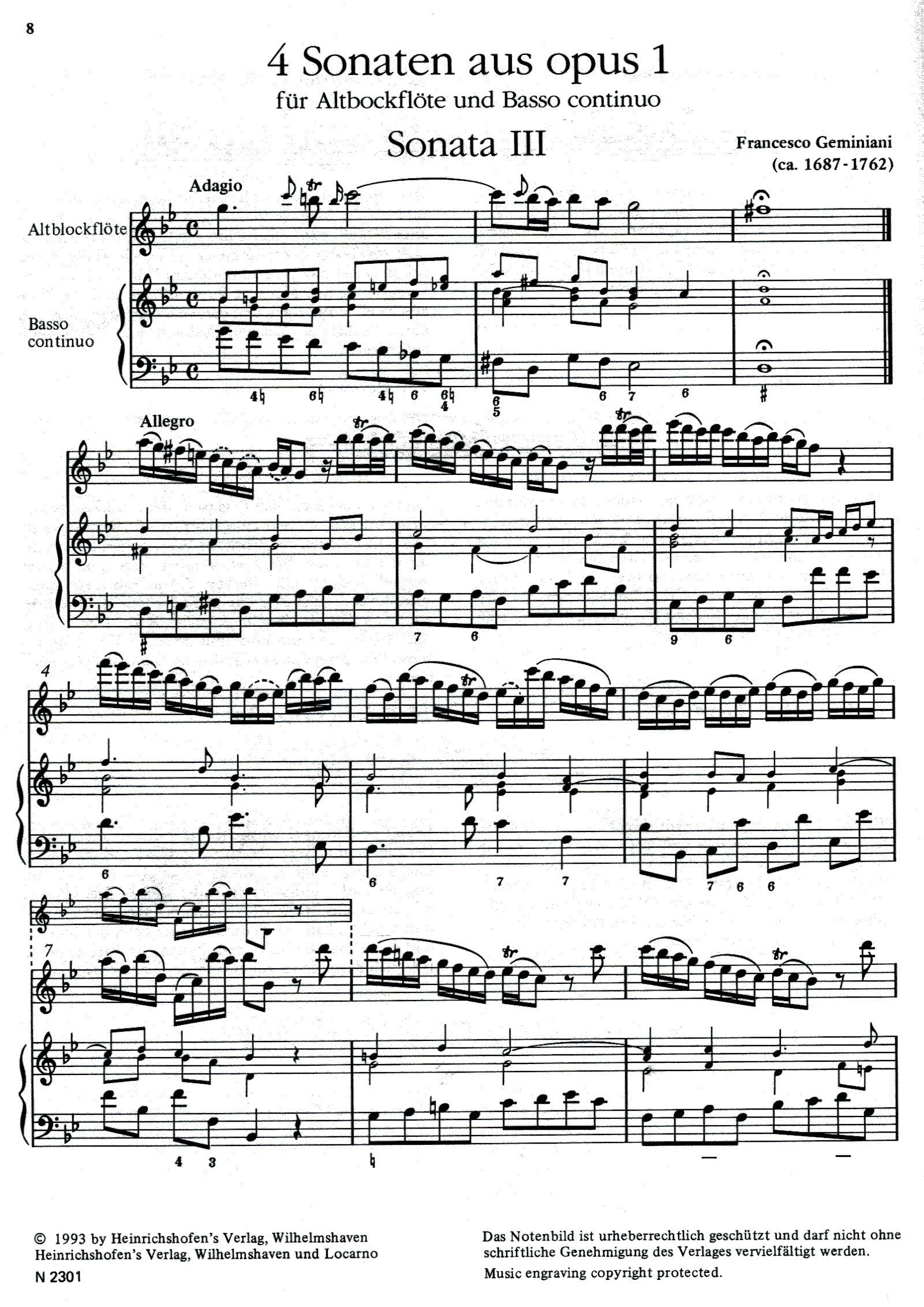 Four Sonatas, Op.1 for Treble and Basso Continuo