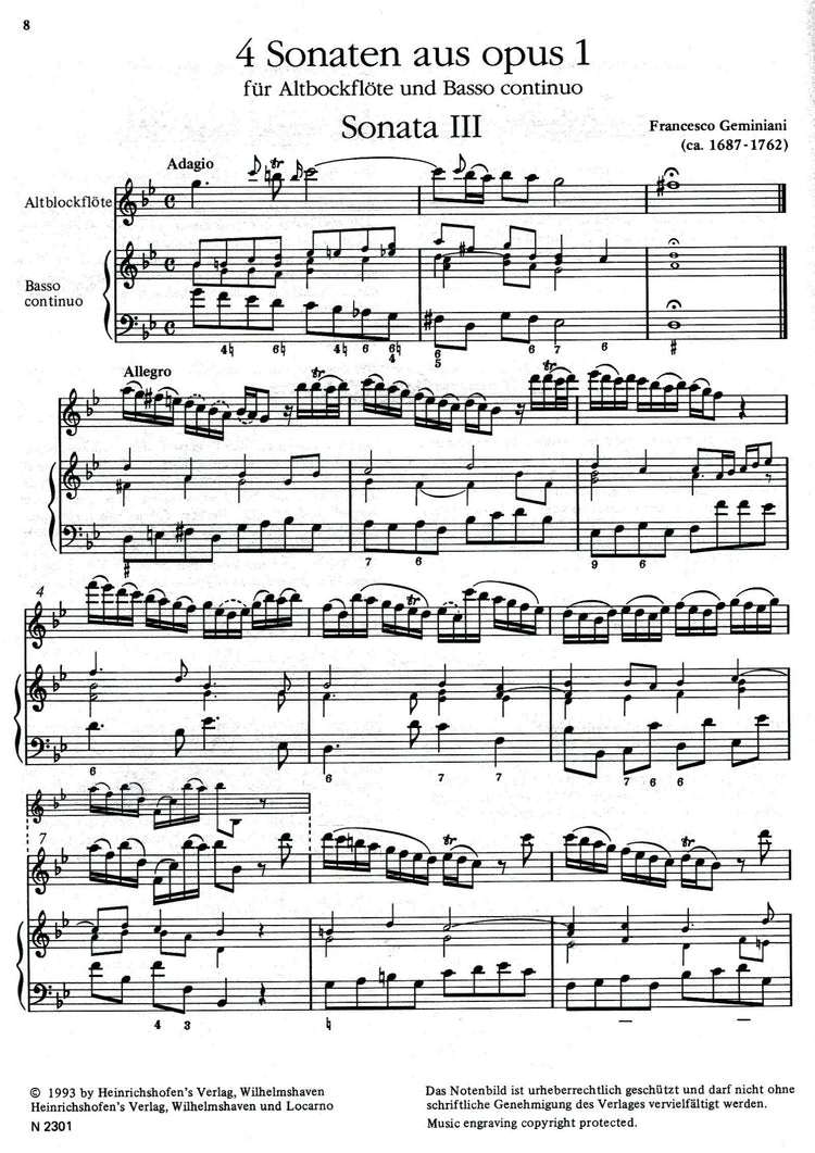 Four Sonatas, Op.1 for Treble and Basso Continuo