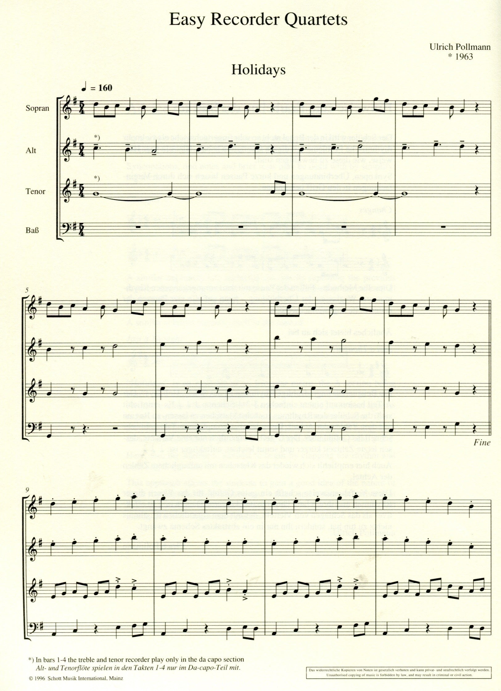 Easy Recorder Quartets, "Swinging Holiday"