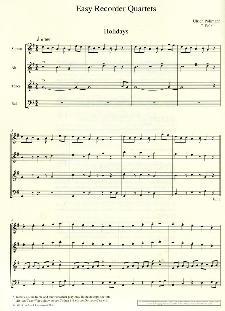 Easy Recorder Quartets, "Swinging Holiday"
