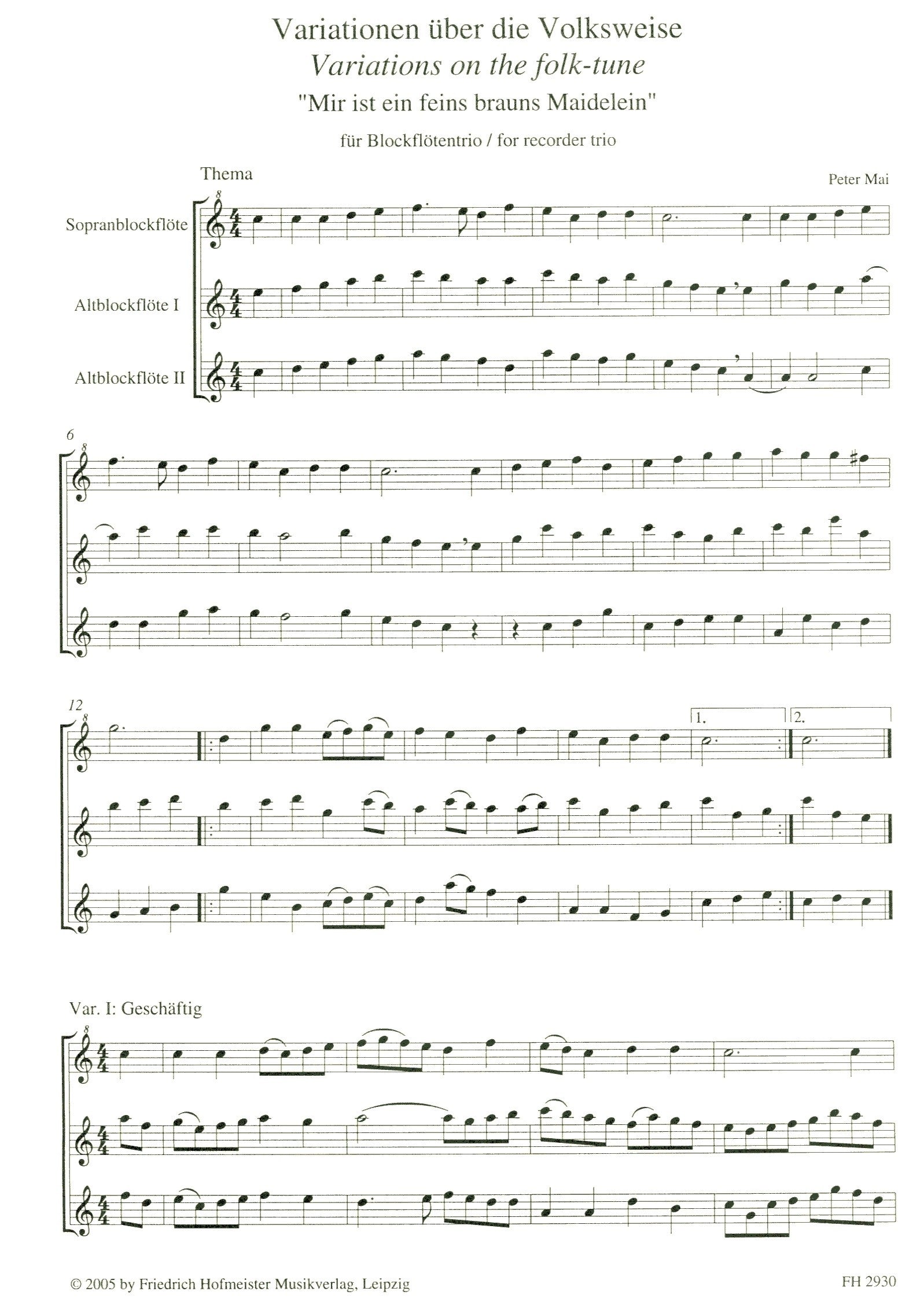 Variations on the Folk-tune, "Mir ist ein feins brauns Maidelein"