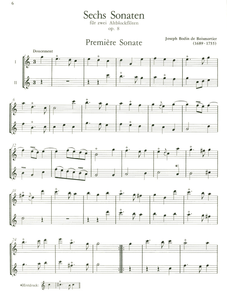 6 Sonatas Op. 8 for two treble recorders