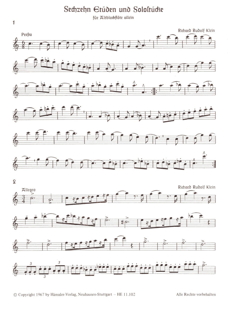 16 Etudes by Contemporary Composers for Alto Recorder